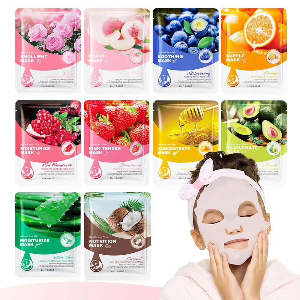 Kaely 10 Pack Variety Sheet Masks, Spa Party Face Masks for Kids Teens Skincare Set, Girls Night Facial Masks Skin Care, Moisturize Soothe for All Skin Types, Birthday Christmas Gifts, Set01