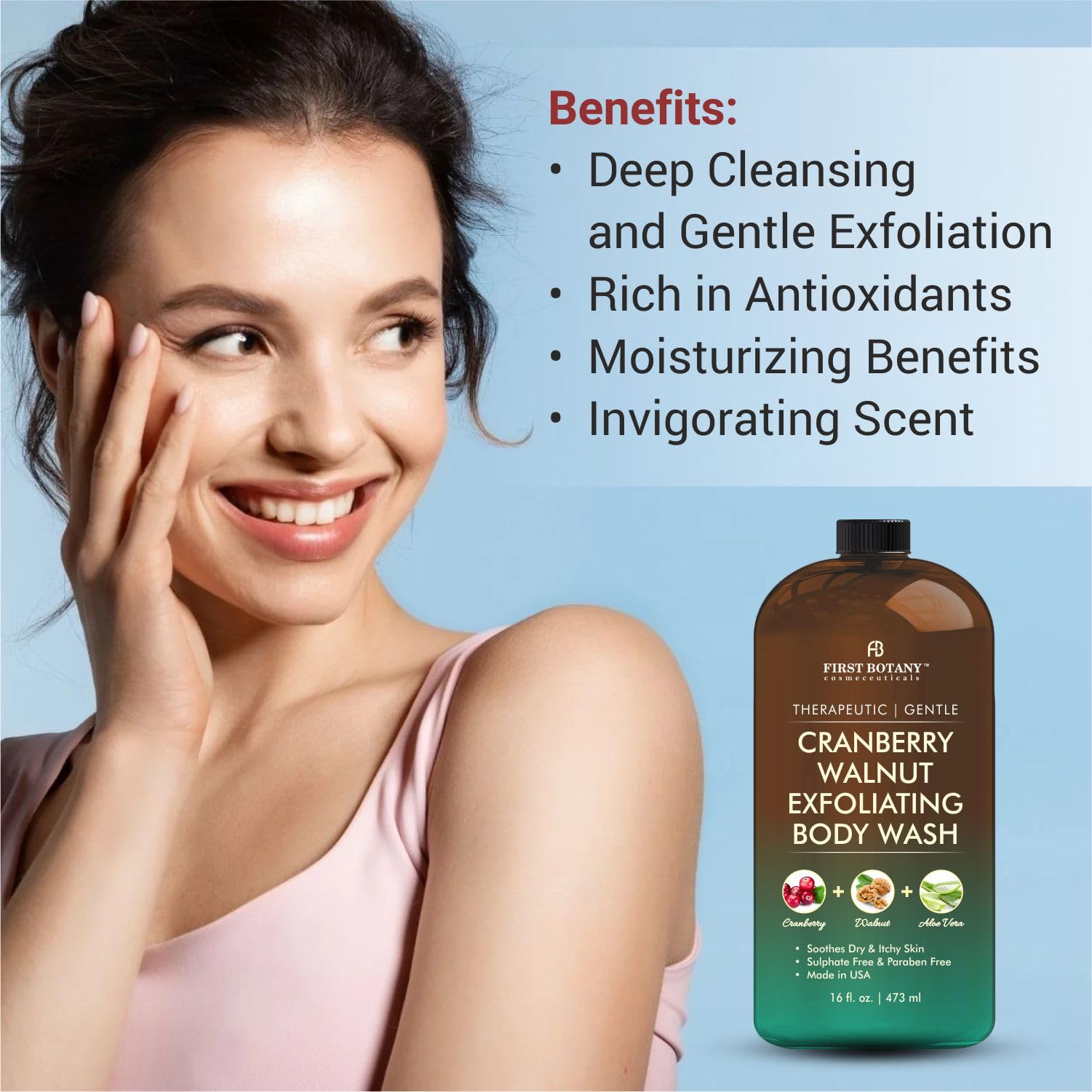 First Botany All Natural Body Wash - Fights Body Odor, Athlete’s Foot, Jock Itch, Nail Issues, Dandruff, Acne, Eczema, Shower Gel for Women & Men, Skin Cleanser -16 Fl Oz (Cranberry Walnut)