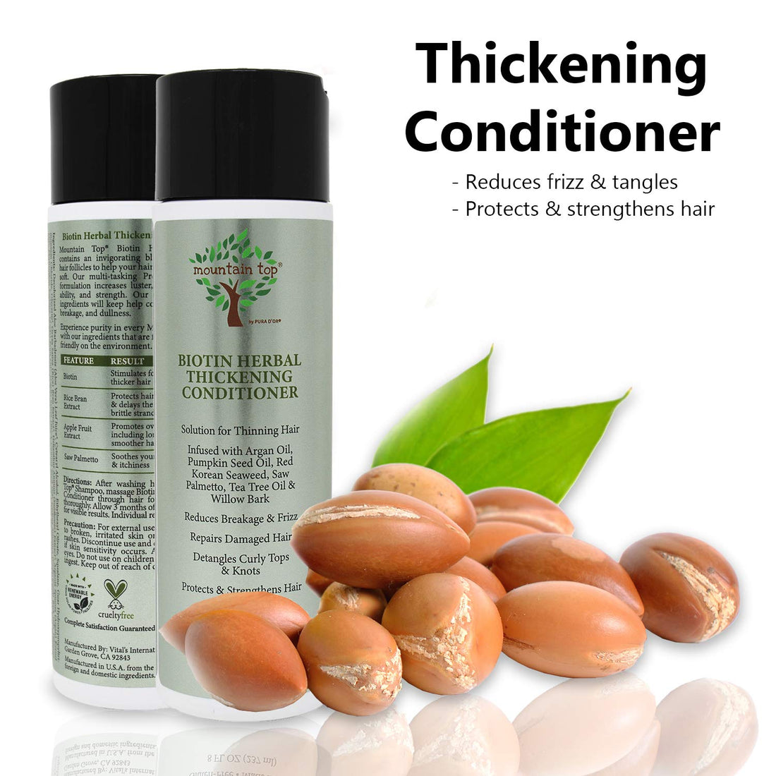 MOUNTAIN TOP Biotin Herbal Thickening Conditioner (8 oz / 273 ml) with Argan Oil, Pumpkin Seed Oil, Saw Palmetto, Tea Tree Oil & Willow Bark - For Dry, Frizzy, Thinning Hair - Men & Women