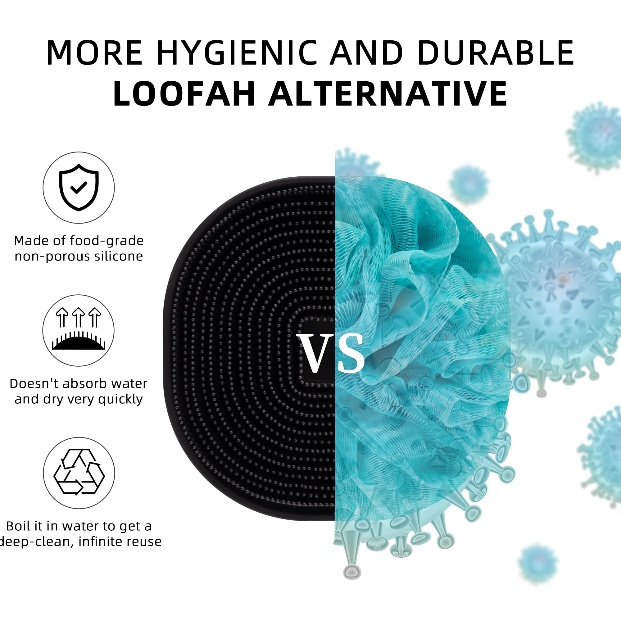 Silicone Body Scrubber, Exfoliating Body Wash Scrubbers Exfoliator, Shower Body Brush for Effective Showering Exfoliation and Gentle Massage, Lather Well and Anti-Slip Handle Loofah (Black)