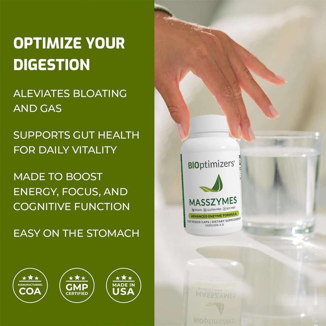 BiOptimizers MassZymes - Complete Digestive Enzymes Supplement for Gut Health - Bloating Relief for Men and Women - Lipase Amylase Bromelain Digestive Enzymes (120 Capsules)