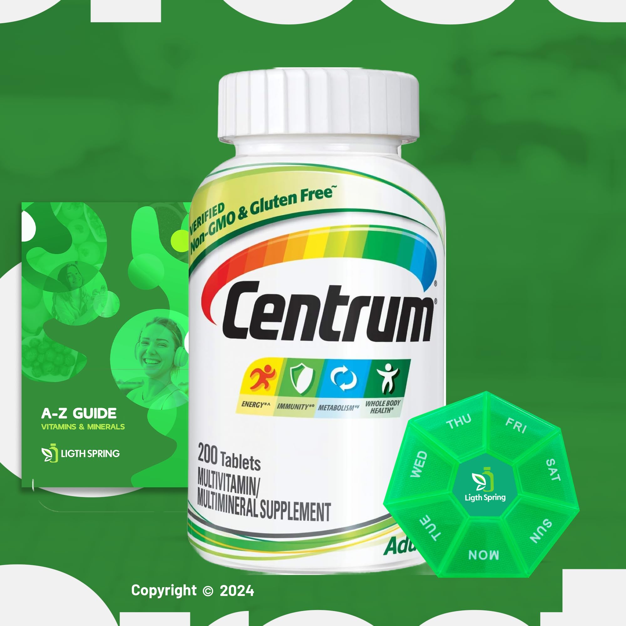 Adult Multivitamin/Multimineral Supplement with Antioxidants, Zinc, Vitamin D3 and B Vitamins 200 Tablets with Weekly Pill Organizer, A to Z Ligth&Spring Guide (3 Items)