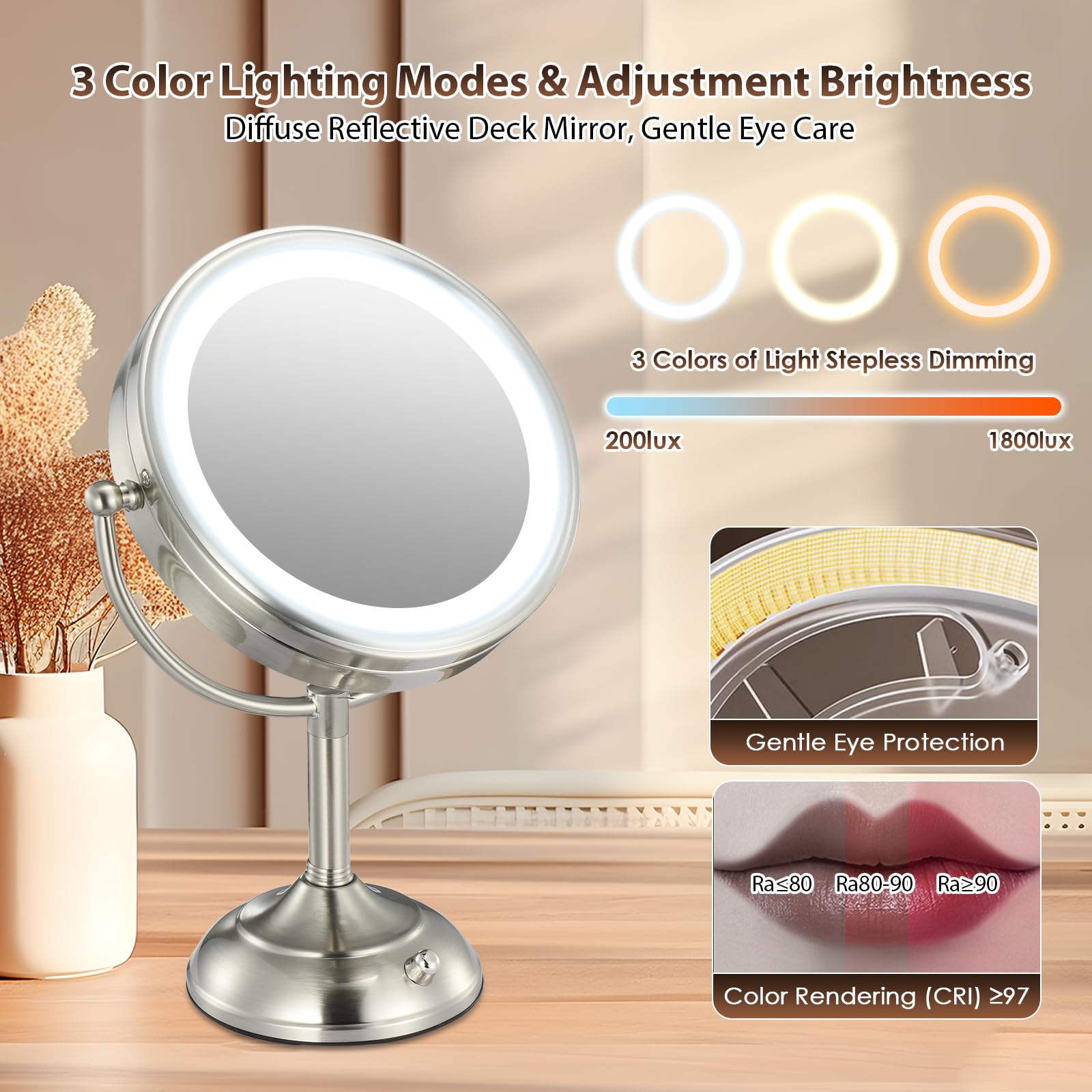Professional 8.5 Large Lighted Makeup Mirror with Brighter Lights, 1X/10X True HD Magnifying Mirror with 3 Color Dimmable Lights, 90 Shadowless LEDs, 360°Swivel Seamless Vanity Mirror, Pearl Nickel