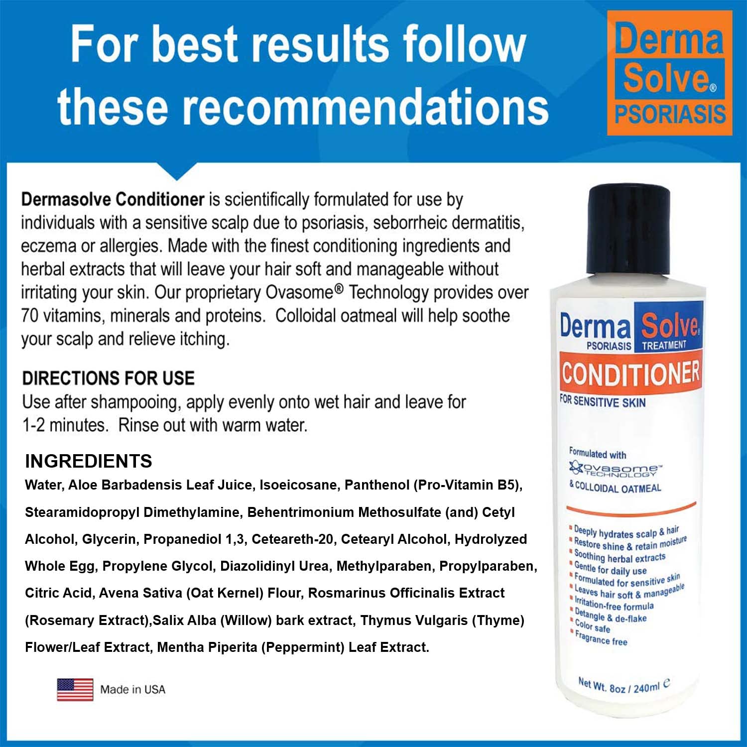 Dermasolve Psoriasis Conditioner - Soothing Anti Dandruff, Seborrheic Dermatitis, Sensitive Skin, Flaky, Itchy, Dry Scalp & Damaged Hair Repair - Pack of 2