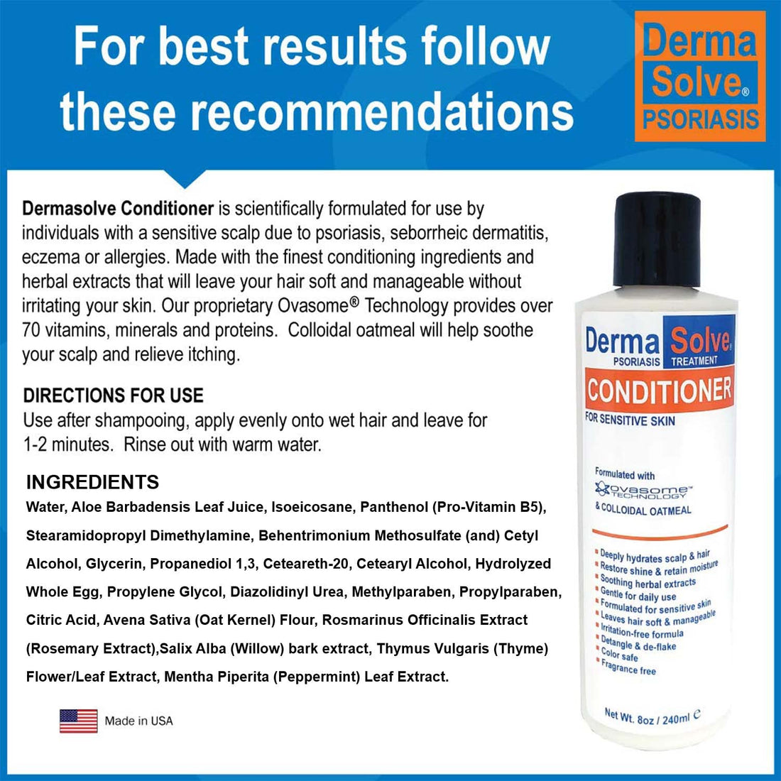 Dermasolve Psoriasis Conditioner - Soothing Anti Dandruff, Seborrheic Dermatitis, Sensitive Skin, Flaky, Itchy, Dry Scalp & Damaged Hair Repair - Pack of 2