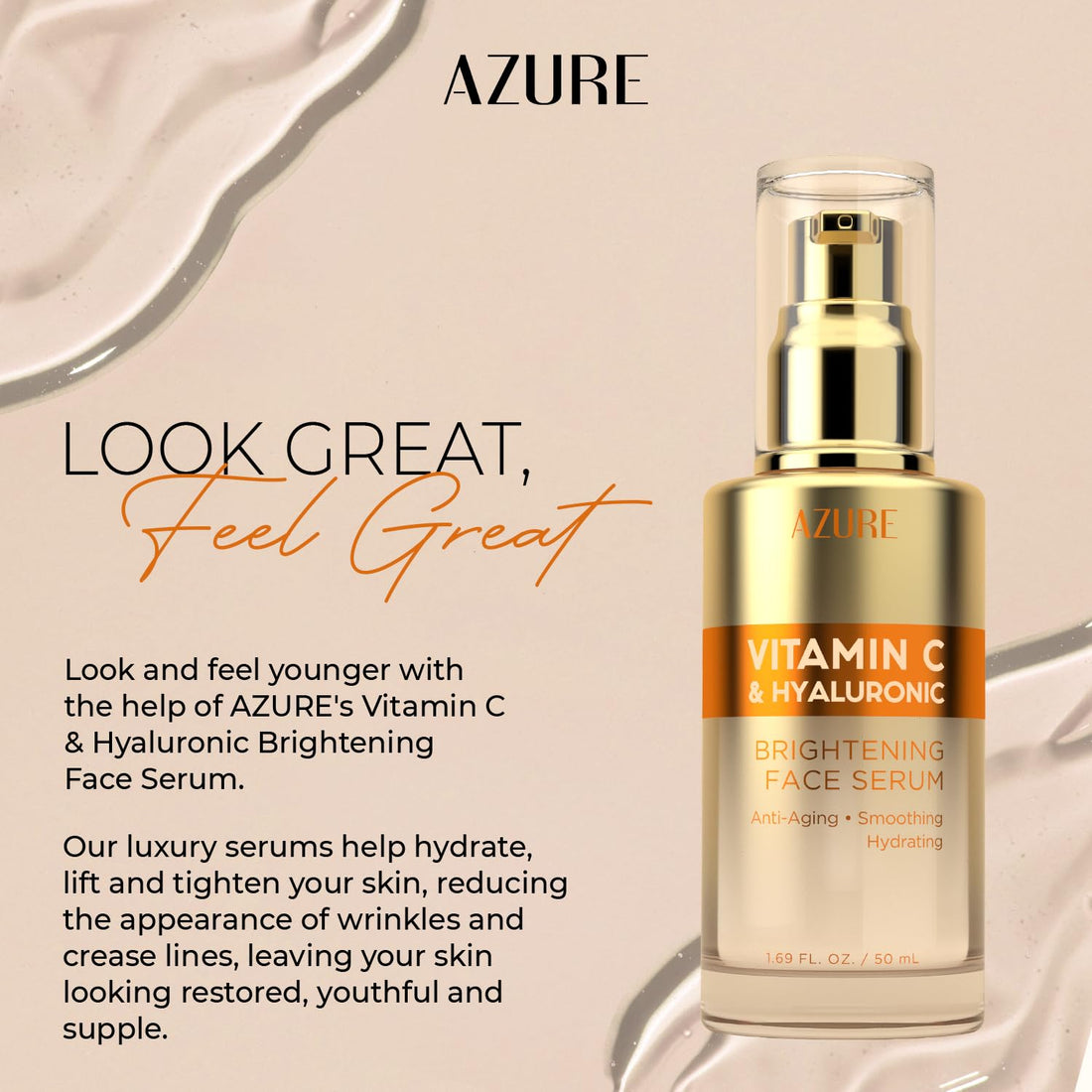 Azure Cosmetics Dermatologist Tested Vitamin C Face Serum - K Beauty Anti-Aging Serum with Hyaluronic Acid for Dark Spots - Korean Skincare, Retinol Enhanced Formula for Wrinkle Care - 1.69 fl oz