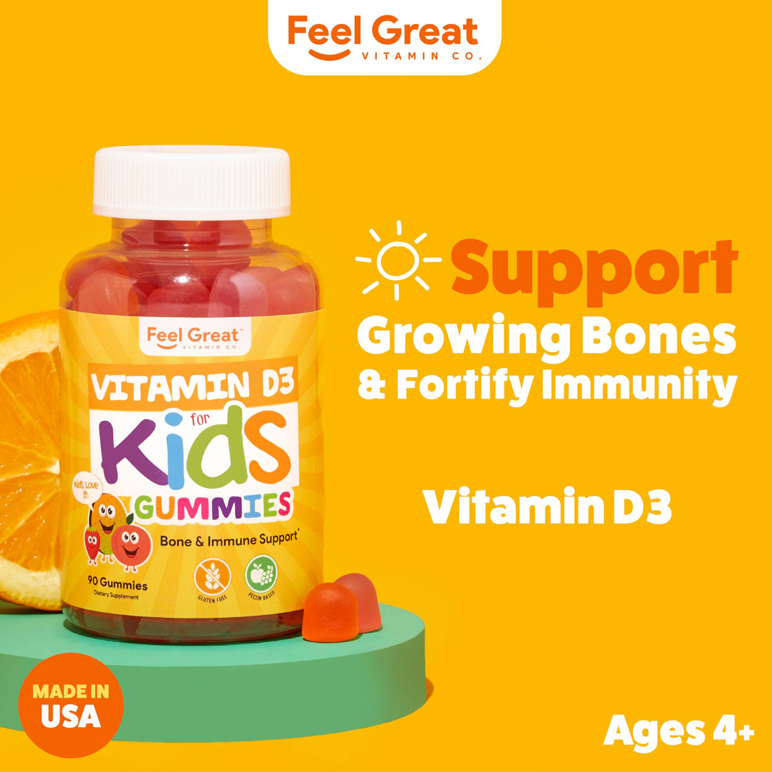 Vitamin D3 1000IU Gummy Vitamins for Kids (60 Day Supply) by Feel Great Vitamin Co | 60 Gummies | Delicious Plant Based Gummies | Supports Healthy Bones, Teeth, Mood, Immune System*