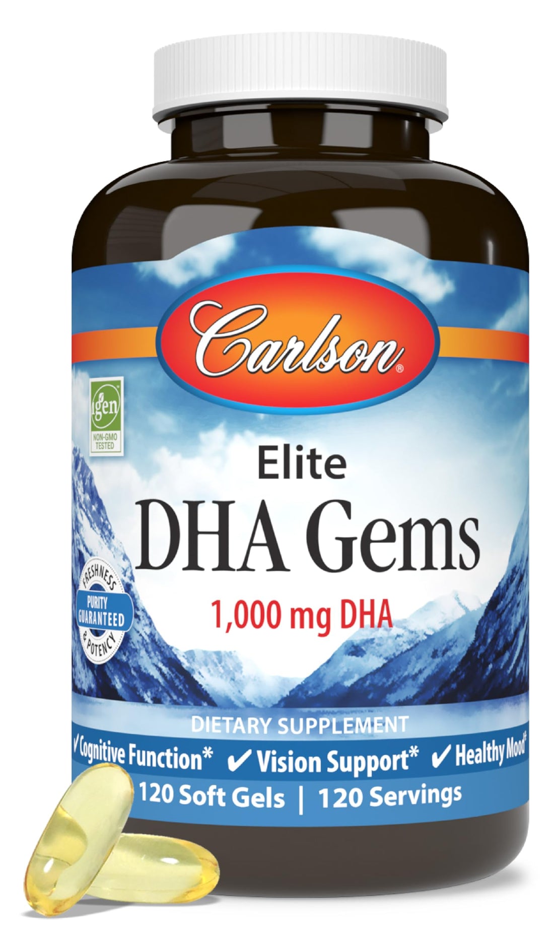 Carlson - Elite DHA Gems, 1000 mg DHA, Wild Caught, Sustainably Sourced, Brain Function & Healthy Vision, 120 Softgels