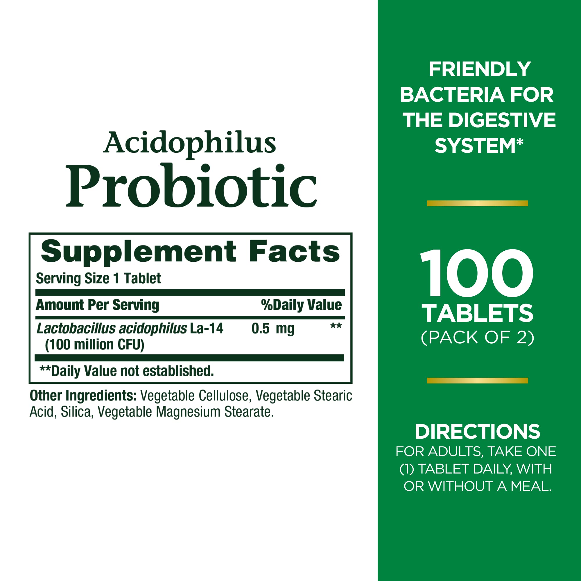Nature's Bounty Acidophilus Probiotic, Daily Probiotic Supplement, Supports Digestive Health, Twin Pack, 100 Count (Pack of 2)