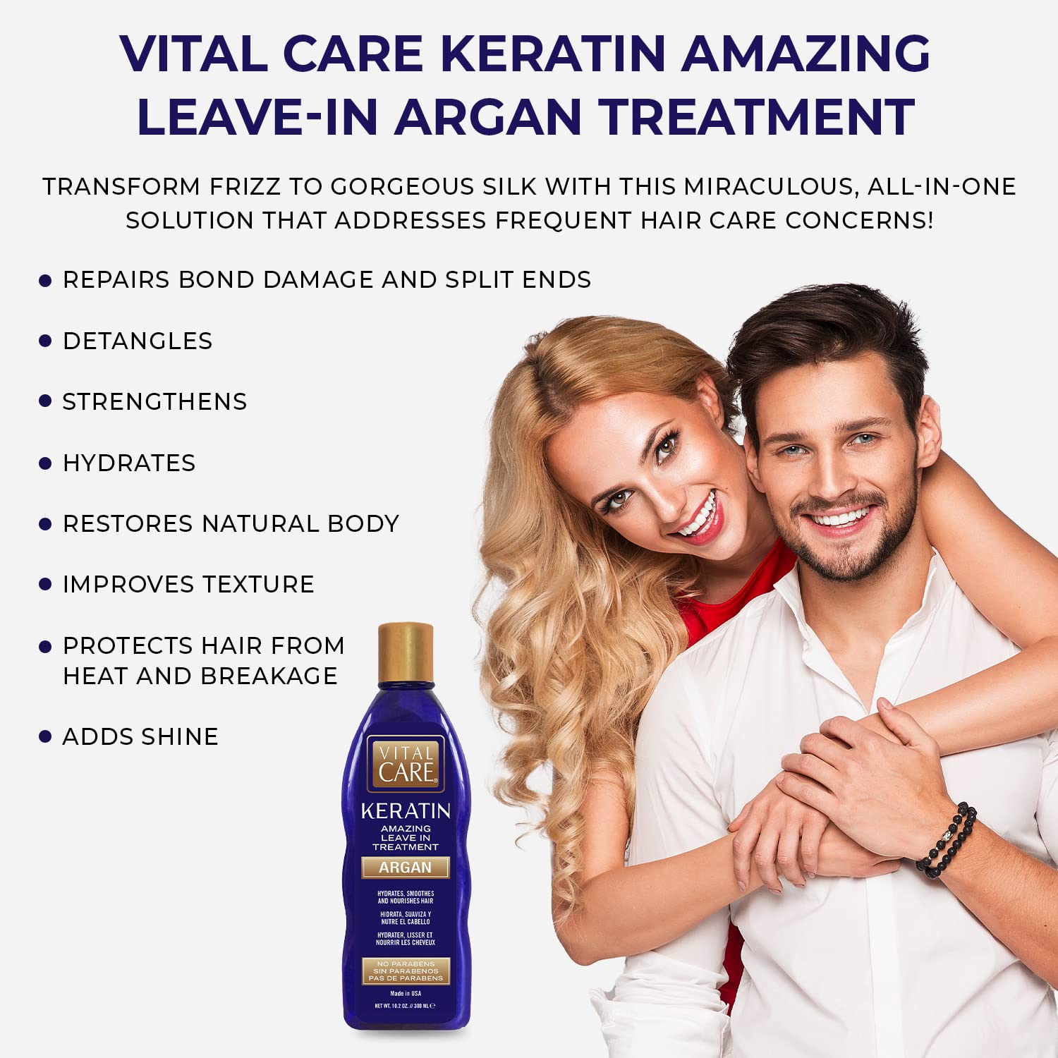 Vital Care Keratin Amazing Leave-In Treatment Argan - Gentle Keratin Complex Hair Treatment is Non-Stripping for Daily Use, Hydrating & Repairing - Abyssinian, Avocado & Sunflower Seed Oil
