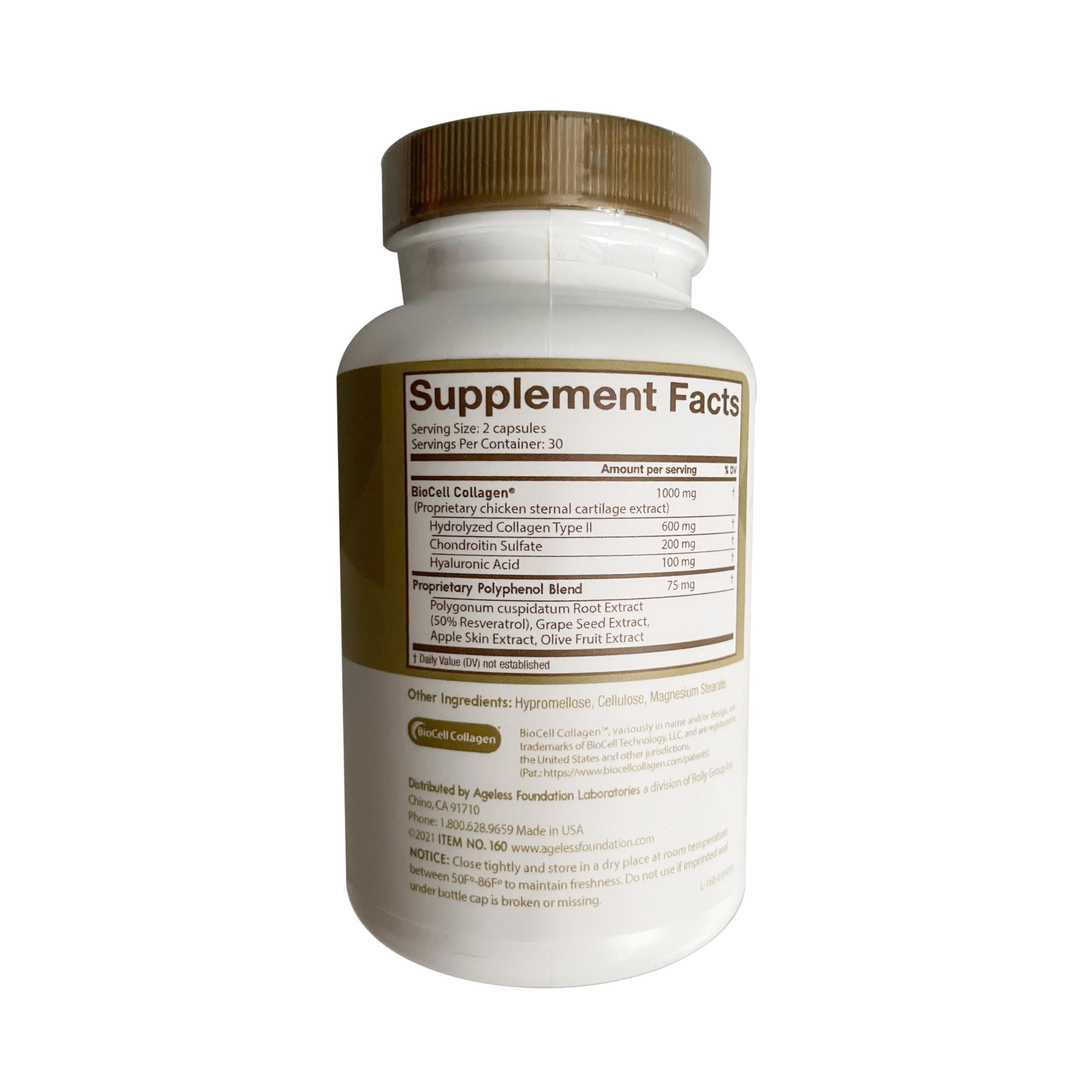 Ageless UltraDERM Gold - Natural Collagen Booster with BioCell Collagen - 60 Count