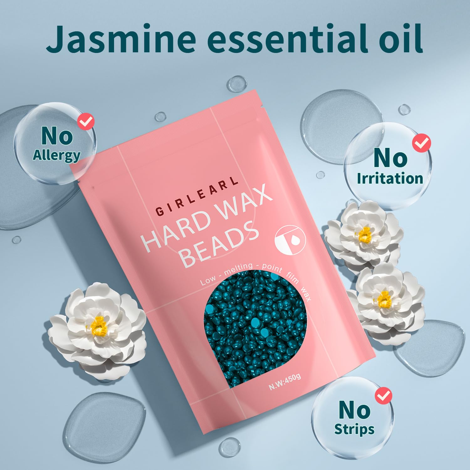 GIRLEARLE Hard Wax, Jasmine Infused Wax Beans for Sensitive Skin, 1lb, Wax for Hair Removal, Bikini, Legs, Eyebrow, Facial, Full Body Waxing for Women and Men