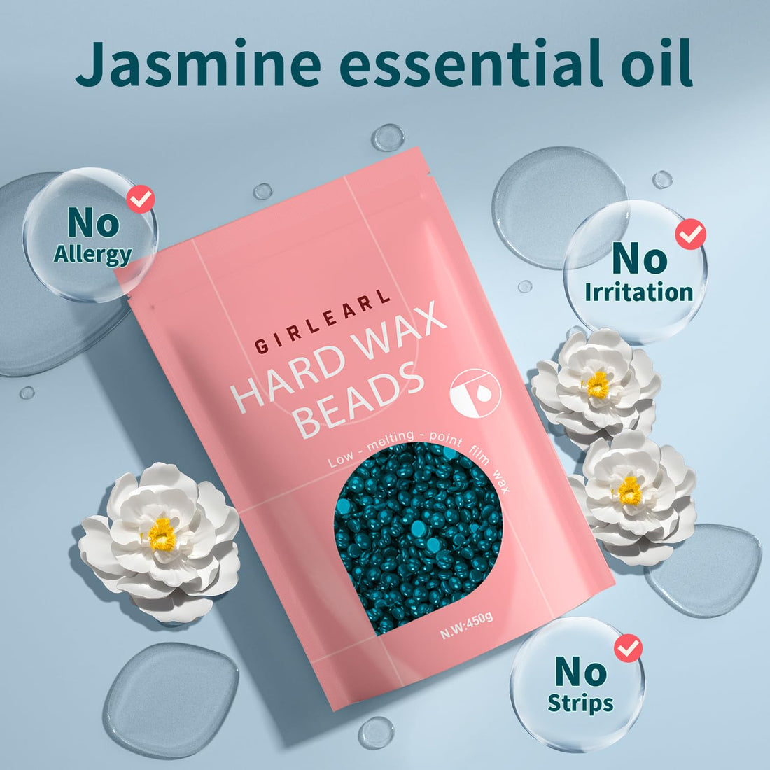 GIRLEARLE Hard Wax, Jasmine Infused Wax Beans for Sensitive Skin, 1lb, Wax for Hair Removal, Bikini, Legs, Eyebrow, Facial, Full Body Waxing for Women and Men