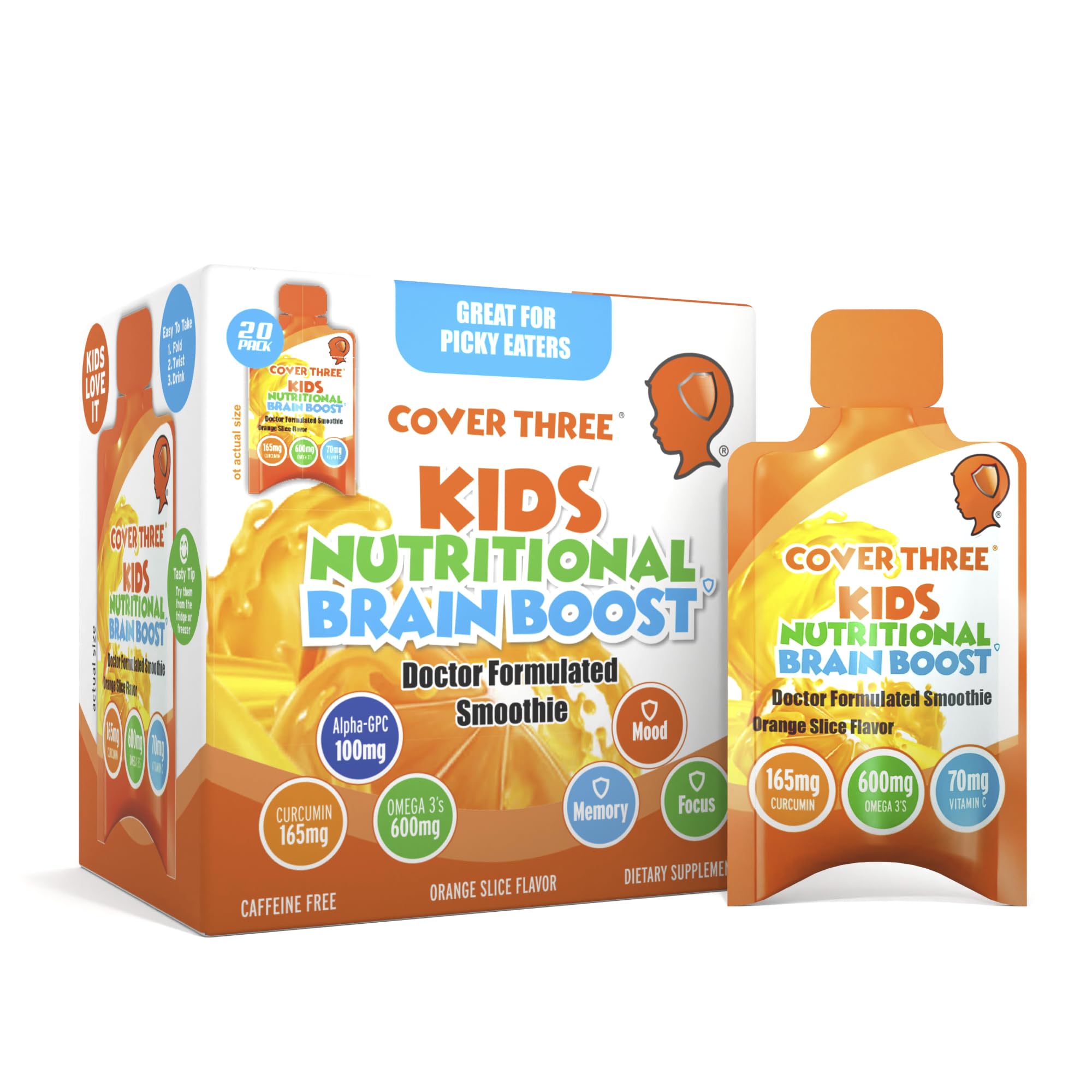 Cover Three Supplements for Kids Brain Supplement Smoothie, Omega 3 Liquid Childrens DHA Fish Oil, Kids Focus and Attention, Emotional Support, 20 Pouches, Pack 1