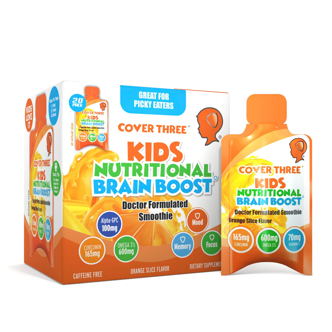 Cover Three Supplements for Kids Brain Supplement Smoothie, Omega 3 Liquid Childrens DHA Fish Oil, Kids Focus and Attention, Emotional Support, 20 Pouches, Pack 1