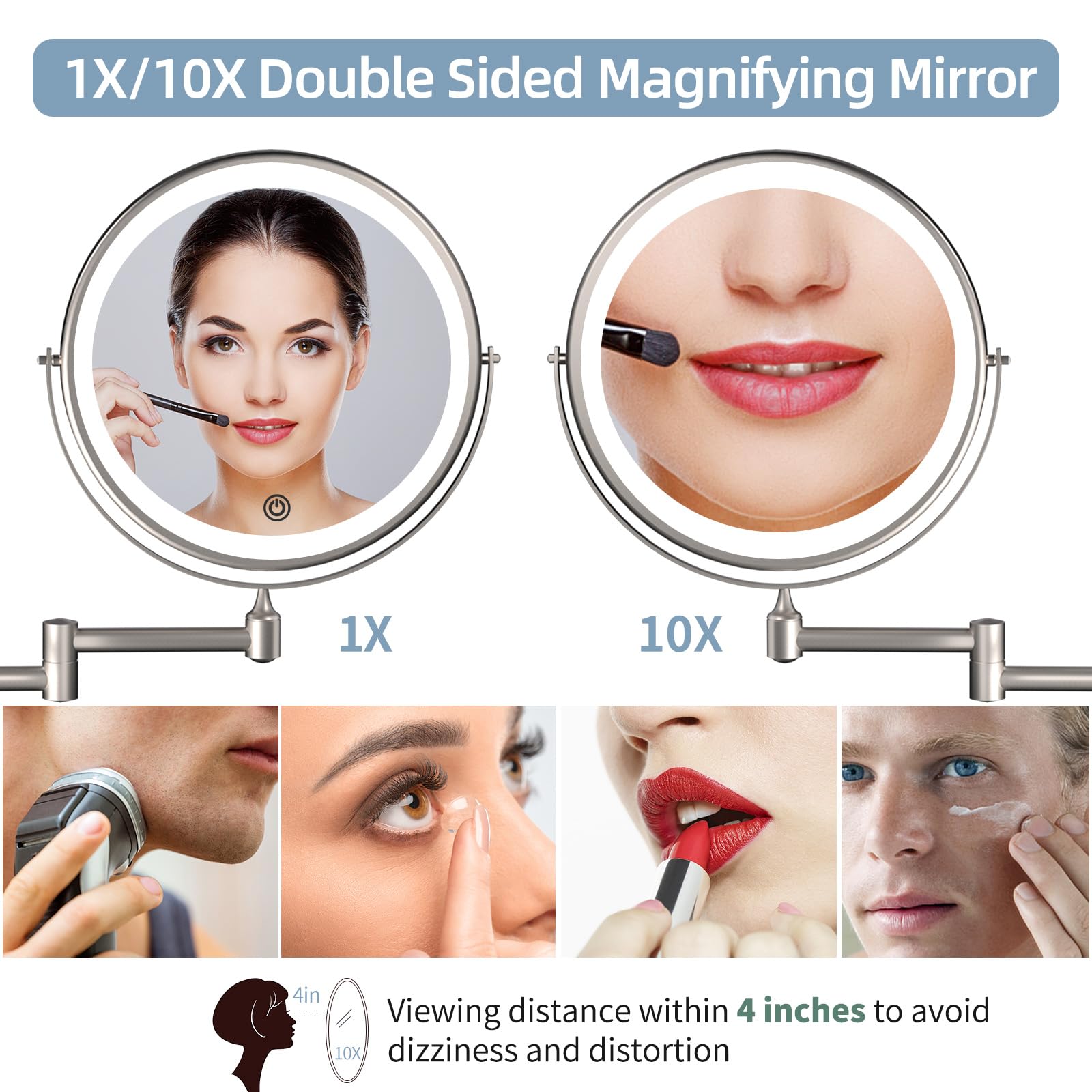 Rechargeable Wall Mounted Lighted Makeup Vanity Mirror 8 inch 1X/10X Magnifying Mirror with 3 Color Lights, Double Sided Bathroom Mirror with Dimmable LED Lights, Shaving Light up Mirror Brush Nickel