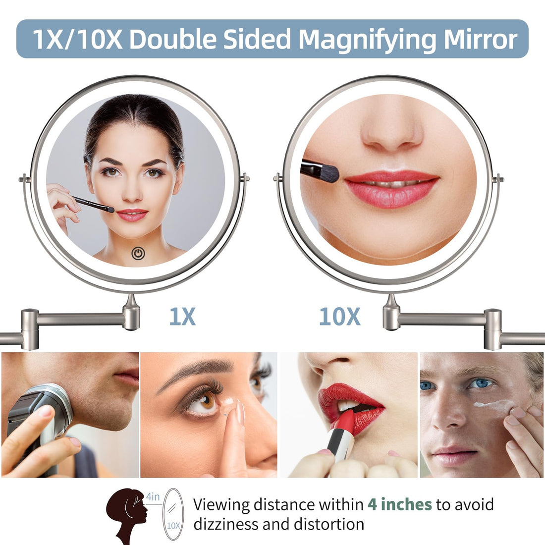Rechargeable Wall Mounted Lighted Makeup Vanity Mirror 8 inch 1X/10X Magnifying Mirror with 3 Color Lights, Double Sided Bathroom Mirror with Dimmable LED Lights, Shaving Light up Mirror Brush Nickel