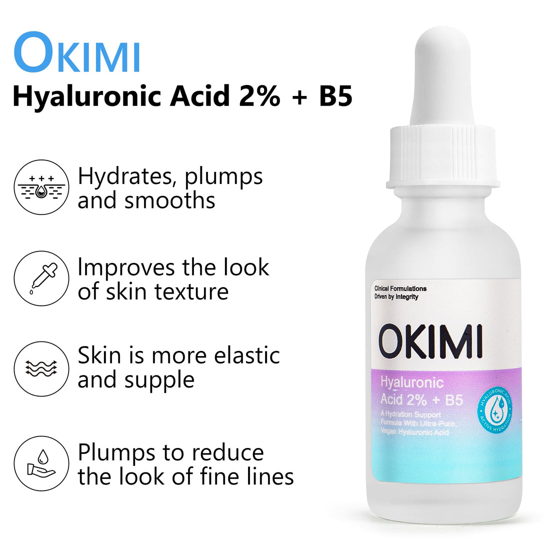 OKIMI Hyaluronic Acid 2% + B5 Hydration Support Formula 30ml with Ultra-Pure Vegan Hyaluronic Acid Serum and Vitamin B5, Face Hydrating Moisturizer, Plump and Smooth Skin, Anti-Aging