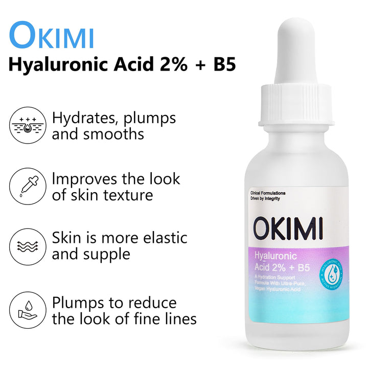OKIMI Hyaluronic Acid 2% + B5 Hydration Support Formula 30ml with Ultra-Pure Vegan Hyaluronic Acid Serum and Vitamin B5, Face Hydrating Moisturizer, Plump and Smooth Skin, Anti-Aging