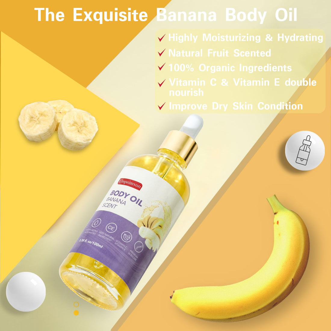 Umpeimvon 2 Pack Body Banana Juice Oil, Vitamin C and E after Shower Body Oil for Women, Moisturizing Hydrating Body Oil