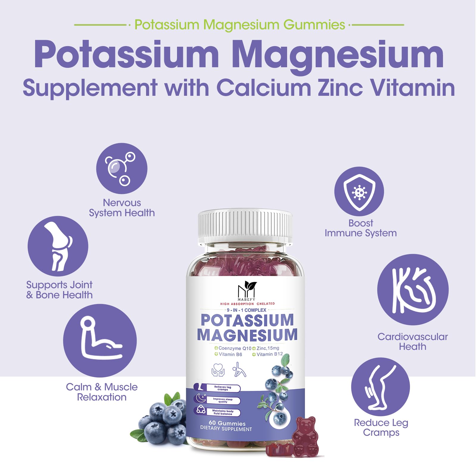 2 Pack Potassium Magnesium Gummies, Sugar-Free Potassium Gummies with Magnesium Glycinate 500mg Chewable Magnesium Potassium Supplements with Calcium, Zinc, Vitamin for Leg Cramps & Muscle