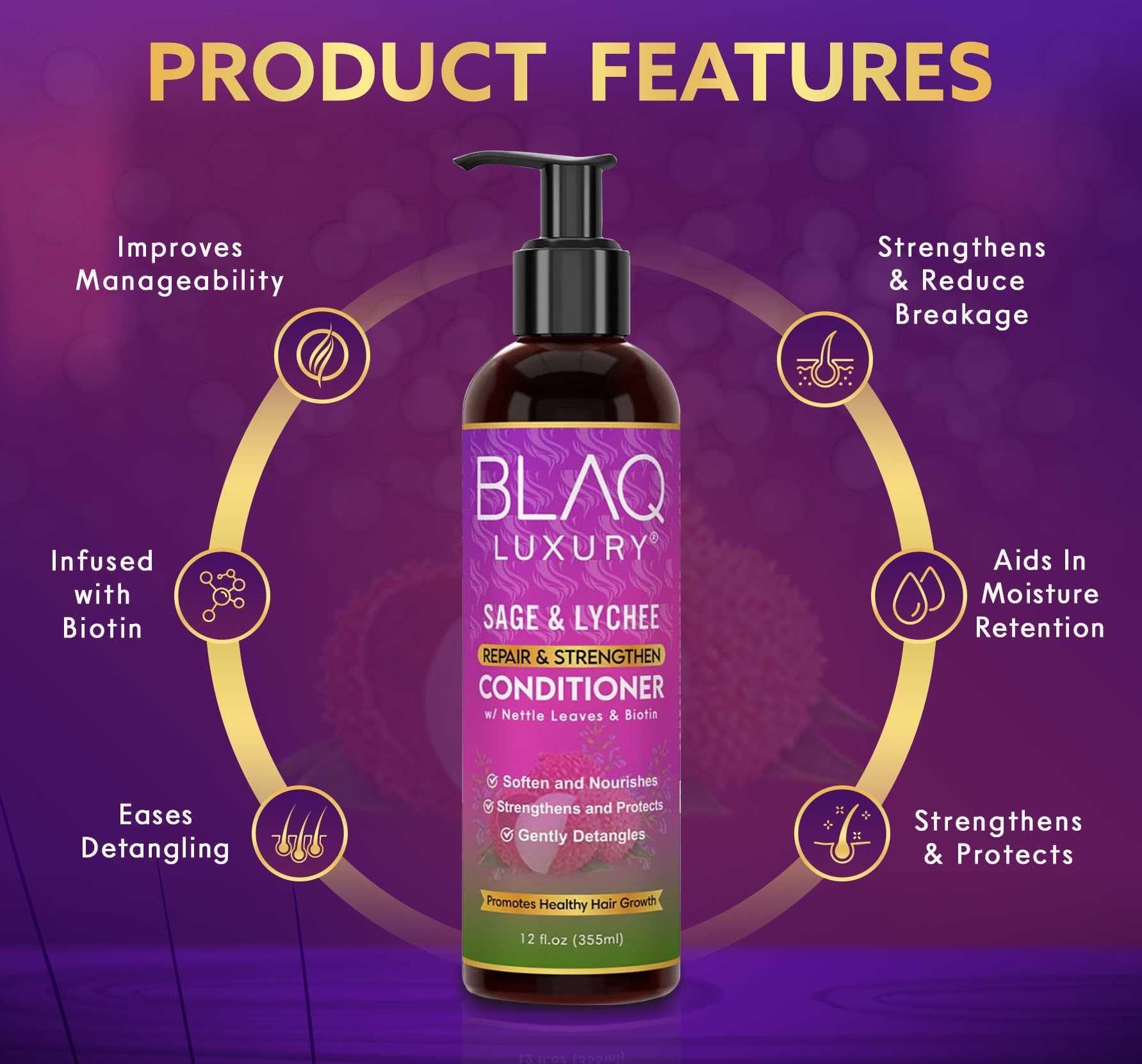 Blaq Luxury Sage and Lychee Repair & Strength Conditioner - Nourishing Formula for Strong, Healthy Hair - Infused with Biotin & Nettle Leaves - Promotes Hair Repair, Growth, and Manageability – 12oz