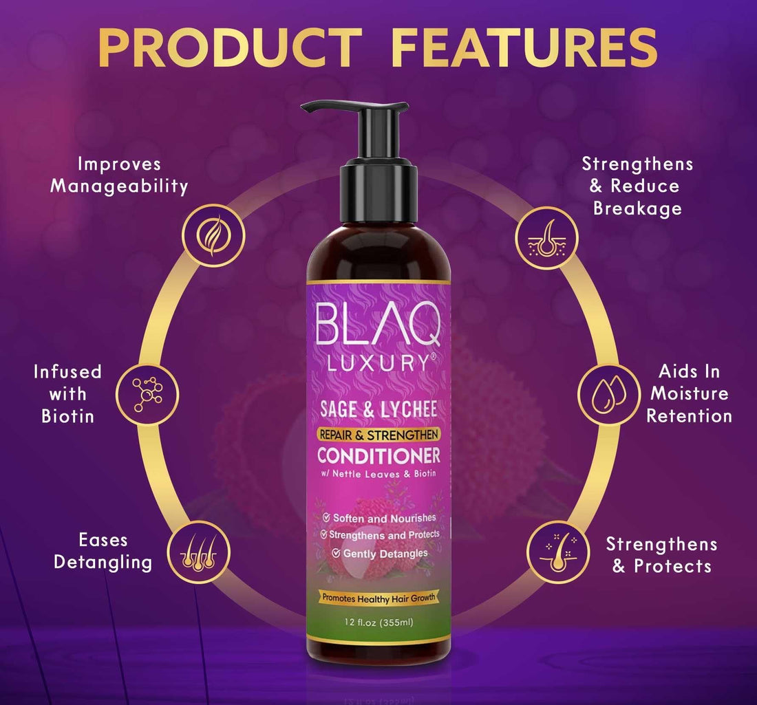 Blaq Luxury Sage and Lychee Repair & Strength Conditioner - Nourishing Formula for Strong, Healthy Hair - Infused with Biotin & Nettle Leaves - Promotes Hair Repair, Growth, and Manageability – 12oz