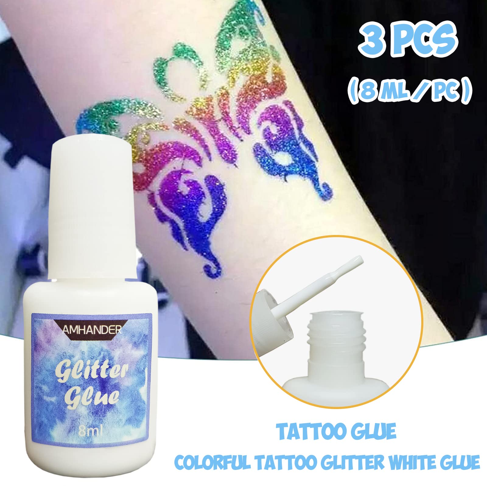 Temporary Tattoo Glue - Yomagine 8ml Glitter Glue Brush Bottle, Water Soluble Body Painting Glue, Ideal for Halloween, Carnival, Birthday Party, Theme Party, Costume Events & Makeup Artists (3 Pcs)