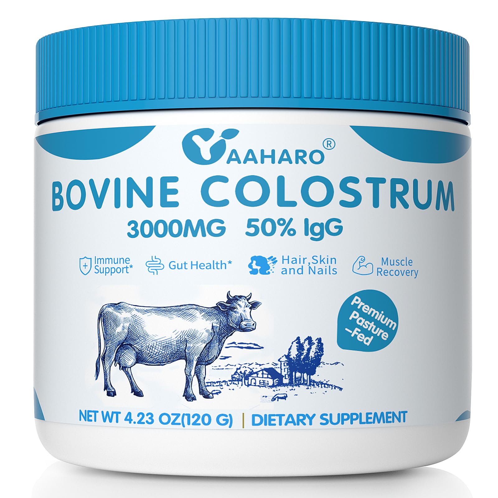 YAAHARO Bovine Colostrum Powder 2500mg, Collagen peptides 500mg, 50% IgG Bovine Colostrum for Humans, Gut Health, Immune Support, Hair & Nail Growth 4.23OZ