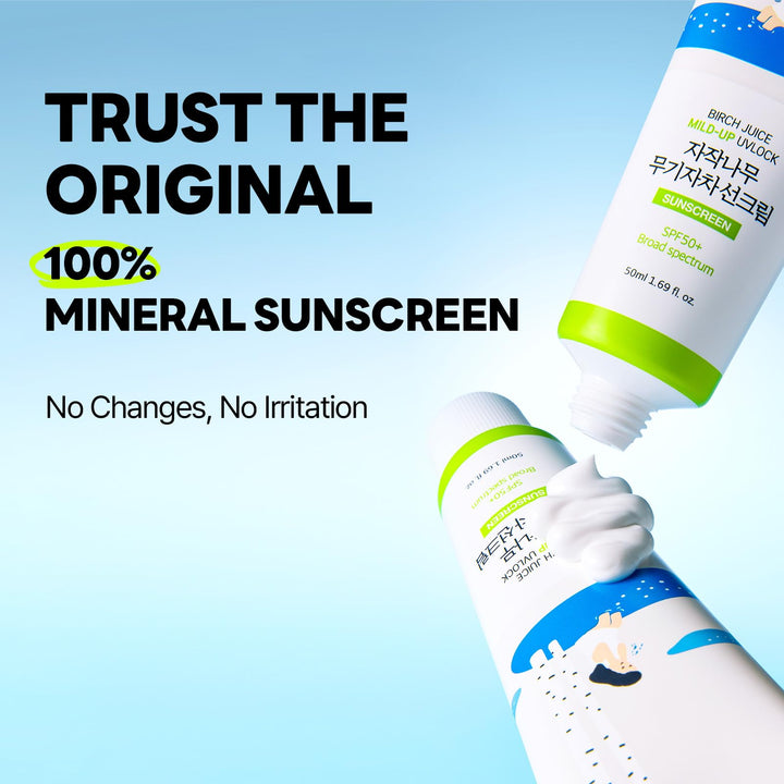 ROUND LAB Birch Juice Mild-up Sunscreen UV LOCK 1.69 Fl Oz | SPF 50+ broad spectrum, Mineral Zinc Oxide, for Sensitive Skin, Control Oil and Sebum, Ocean Friendly-Reef Safe, Korean Sunscreen