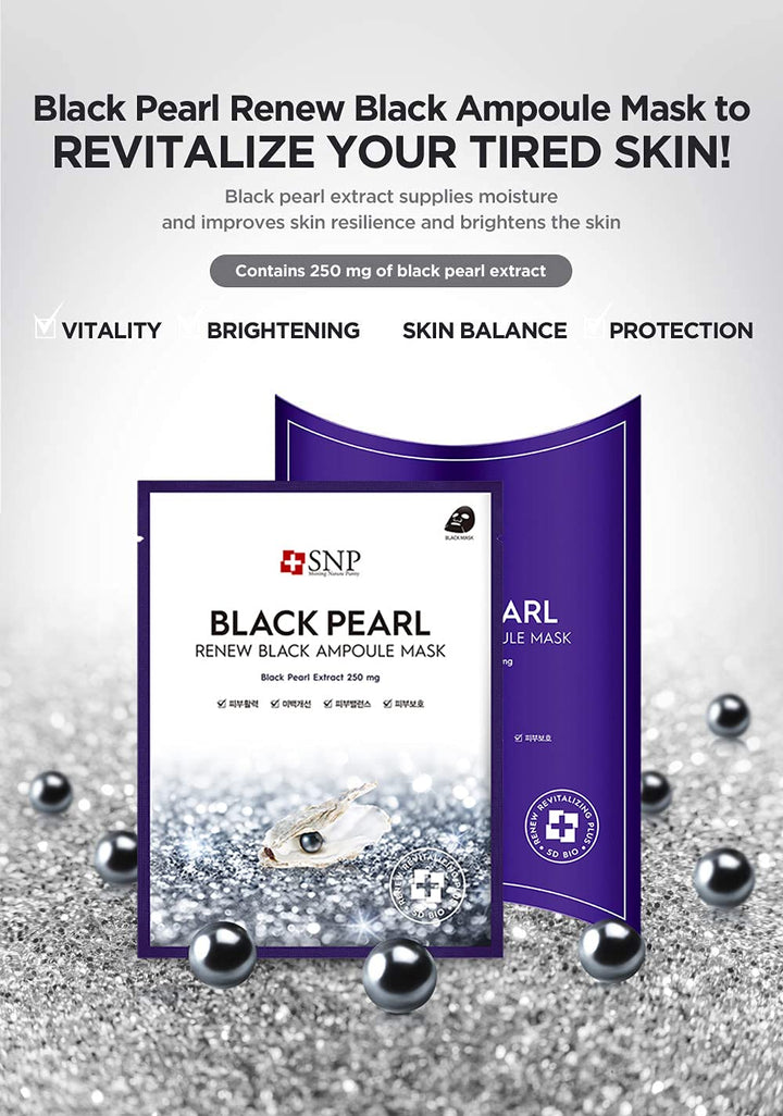 SNP - Black Pearl Renew Ampoule Korean Face Sheet Mask - Restoring & Rejuvenating Effects for All Oily Skin Types - 11 Sheets - Best Gift Idea for Mom, Girlfriend, Wife, Her, Women