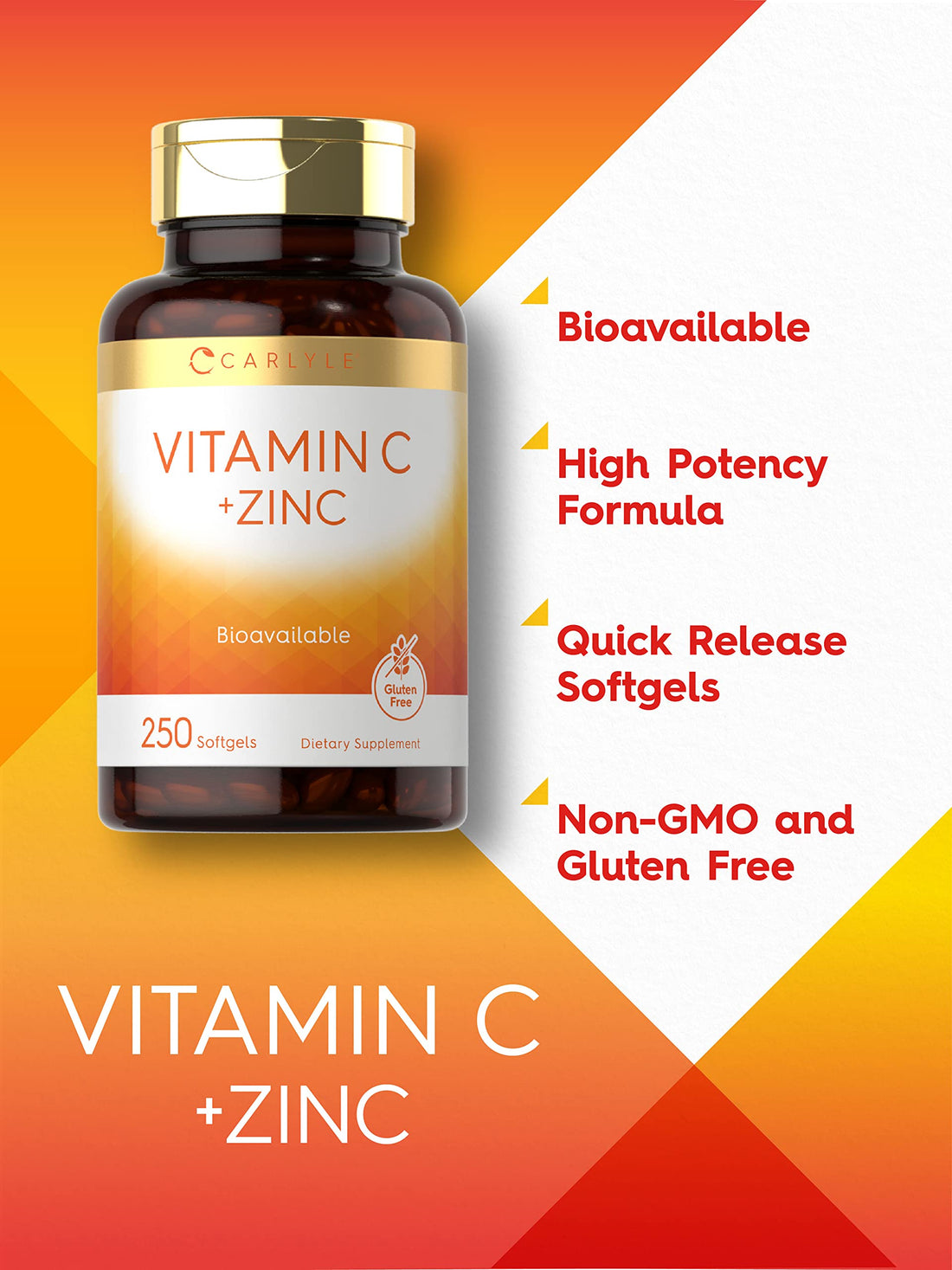 Carlyle Vitamin C with Zinc | 250 Softgels | Bioavailable | Ascorbic Acid | Zinc Oxide | Non-GMO and Gluten Free Supplement