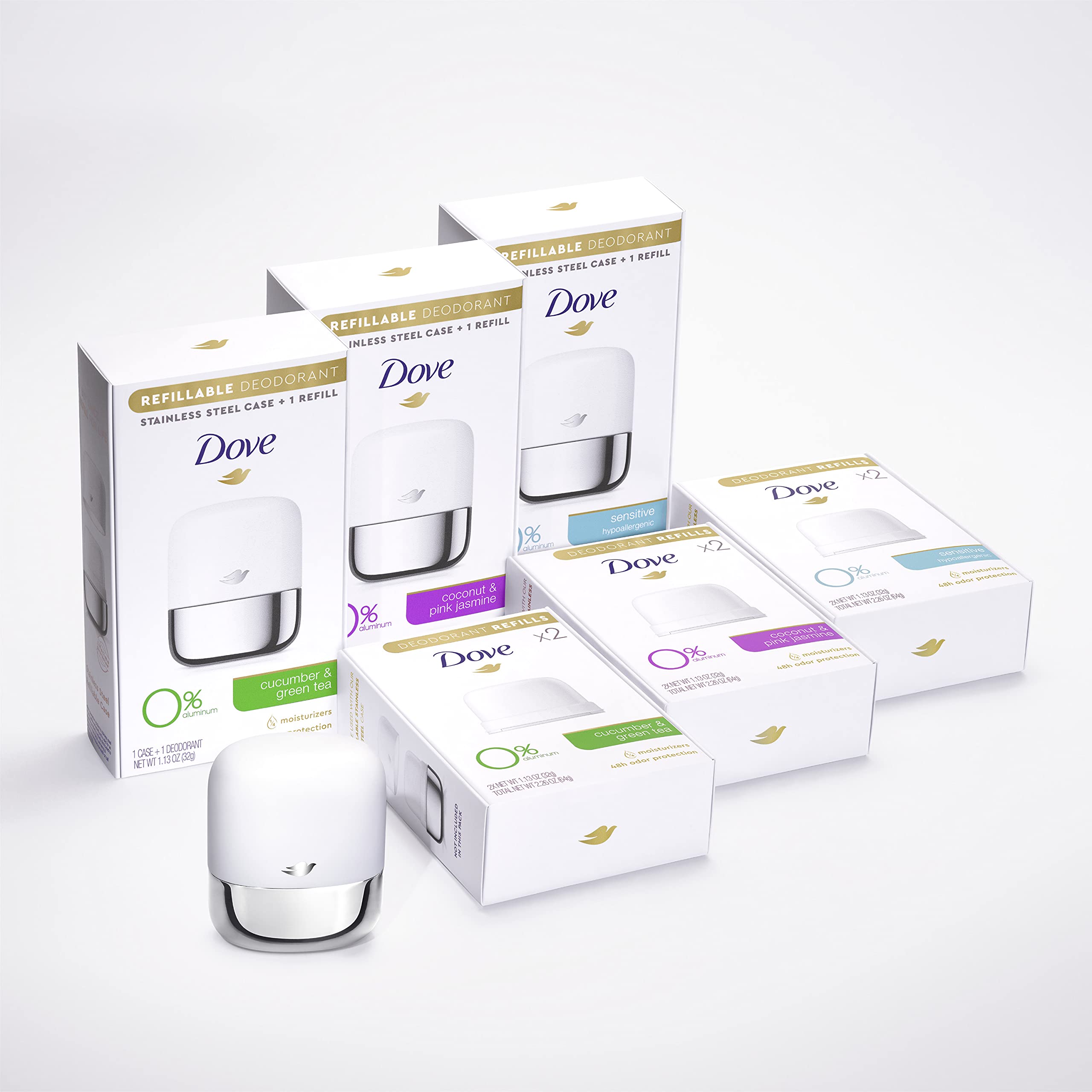 Dove Refillable Deodorant Starter Kit 0% Aluminum Coconut & Pink Jasmine Aluminum Free Deodorant 1.13 oz