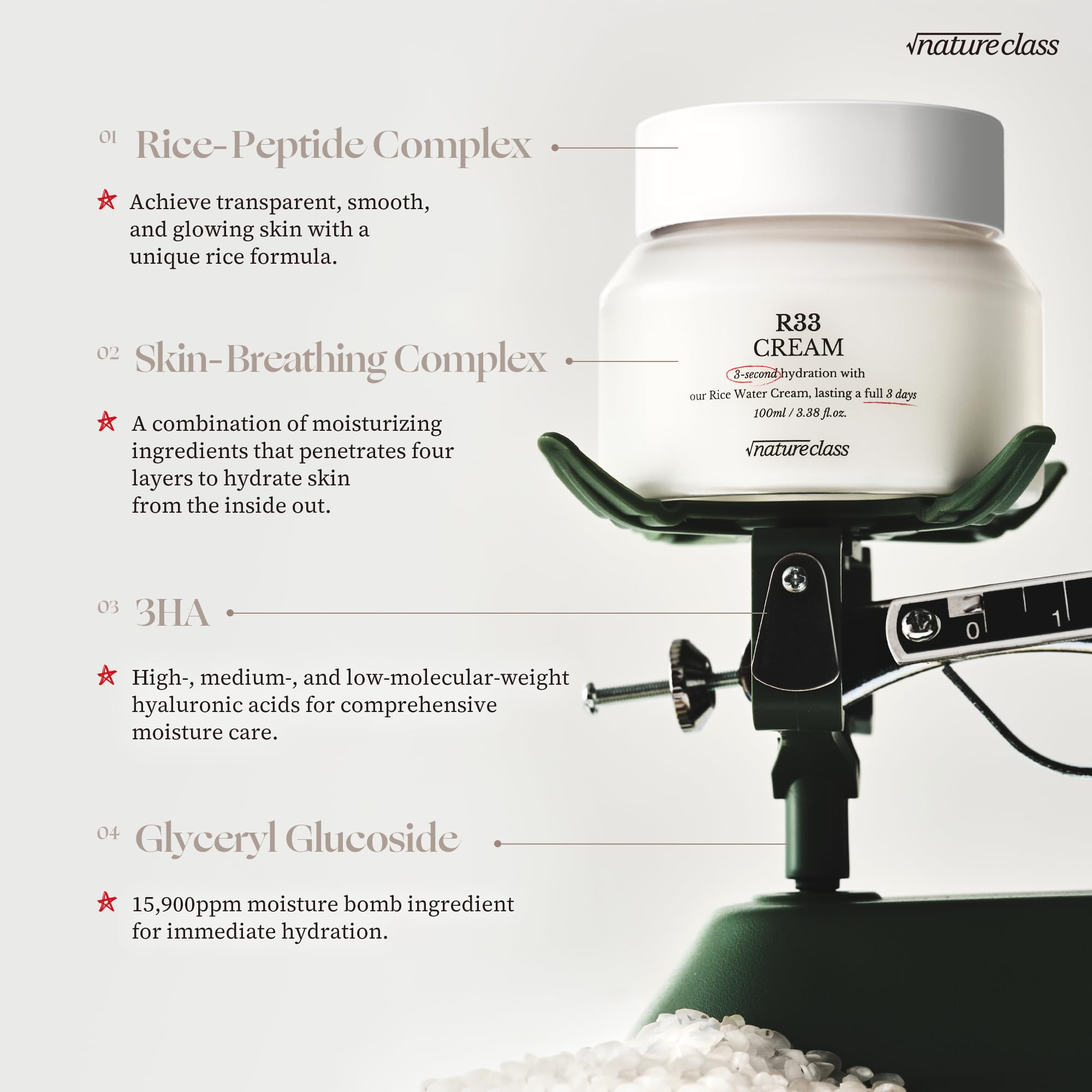 NATURECLASS] R33 Moisturizing Facial Cream with Rice-Peptide & Skin-Breathing Complex – Fast Absorbing Hydration, 72-Hour Lasting Moisture, Non-Comedogenic, Korean Skincare 3.38 fl.oz.