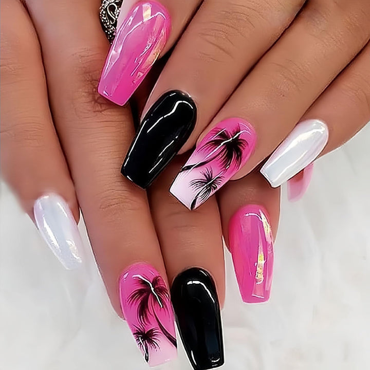 Summer Press on Nails Coffin Medium with Palm Gradient Designs Full Cover Nails Press ons Glossy Glue on Nails Pink False Nails Black Acrylic Nails White Stick on Nails for Women 24Pcs