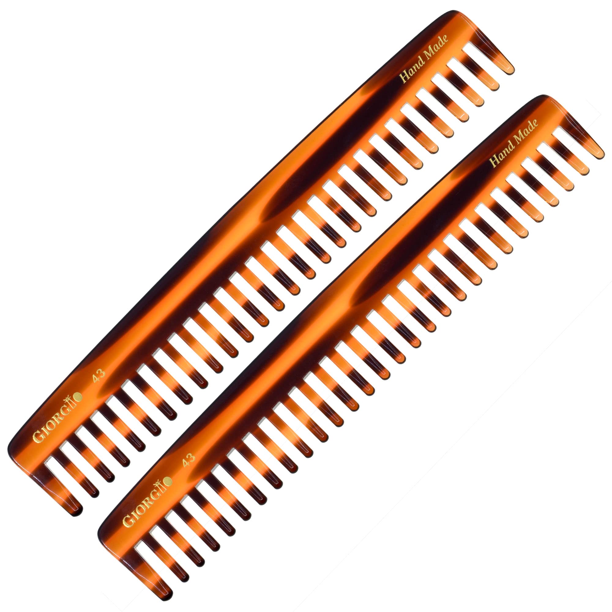 Giorgio G43 7 1/4 Hand Made Tortoise Long Detangling Comb - Wide Teeth. Hand-Made of quality Durable Cellulose, Saw-cut and Hand Polished. (2-Pack)