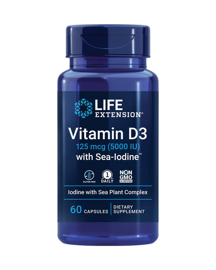 Life Extension Vitamin D3 125 mcg (5000 IU) with Sea-Iodine For Bone, Brain & Thyroid Support – Gluten-Free, Once Daily, Non-GMO – 60 Capsules
