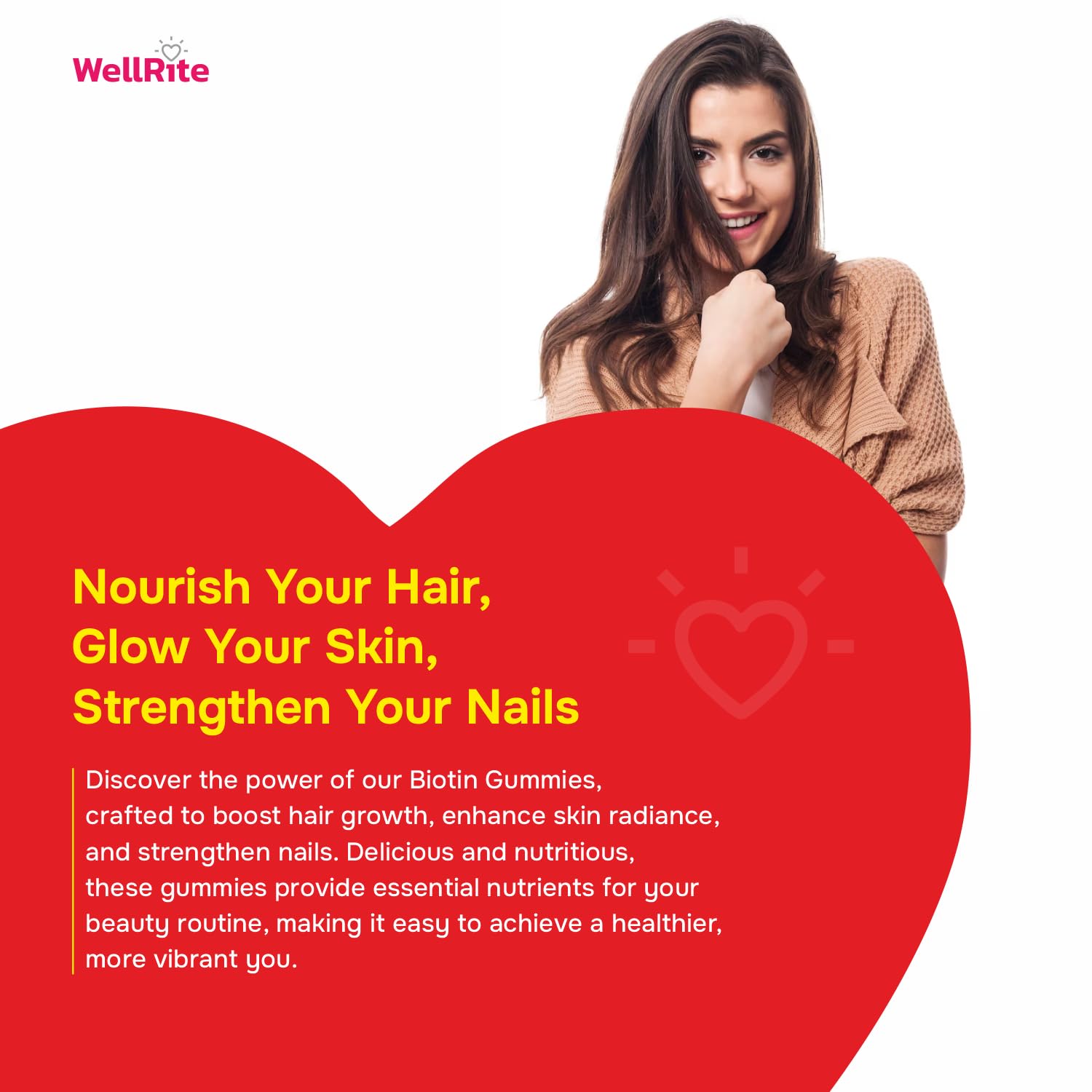 Wellrite Hair, Skin & Nail Gummy Vitamins, 60 Count, Strawberry Flavored, Vegan, Gelatin Free, Gluten Free, Nut Free, Long Hair, Shiny Skin, Healthy Nails, Cell Growth & Repair