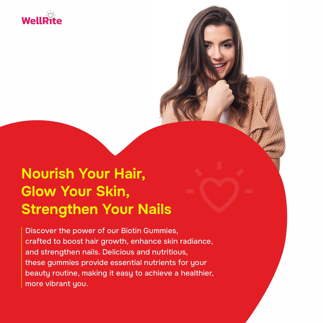 Wellrite Hair, Skin & Nail Gummy Vitamins, 60 Count, Strawberry Flavored, Vegan, Gelatin Free, Gluten Free, Nut Free, Long Hair, Shiny Skin, Healthy Nails, Cell Growth & Repair