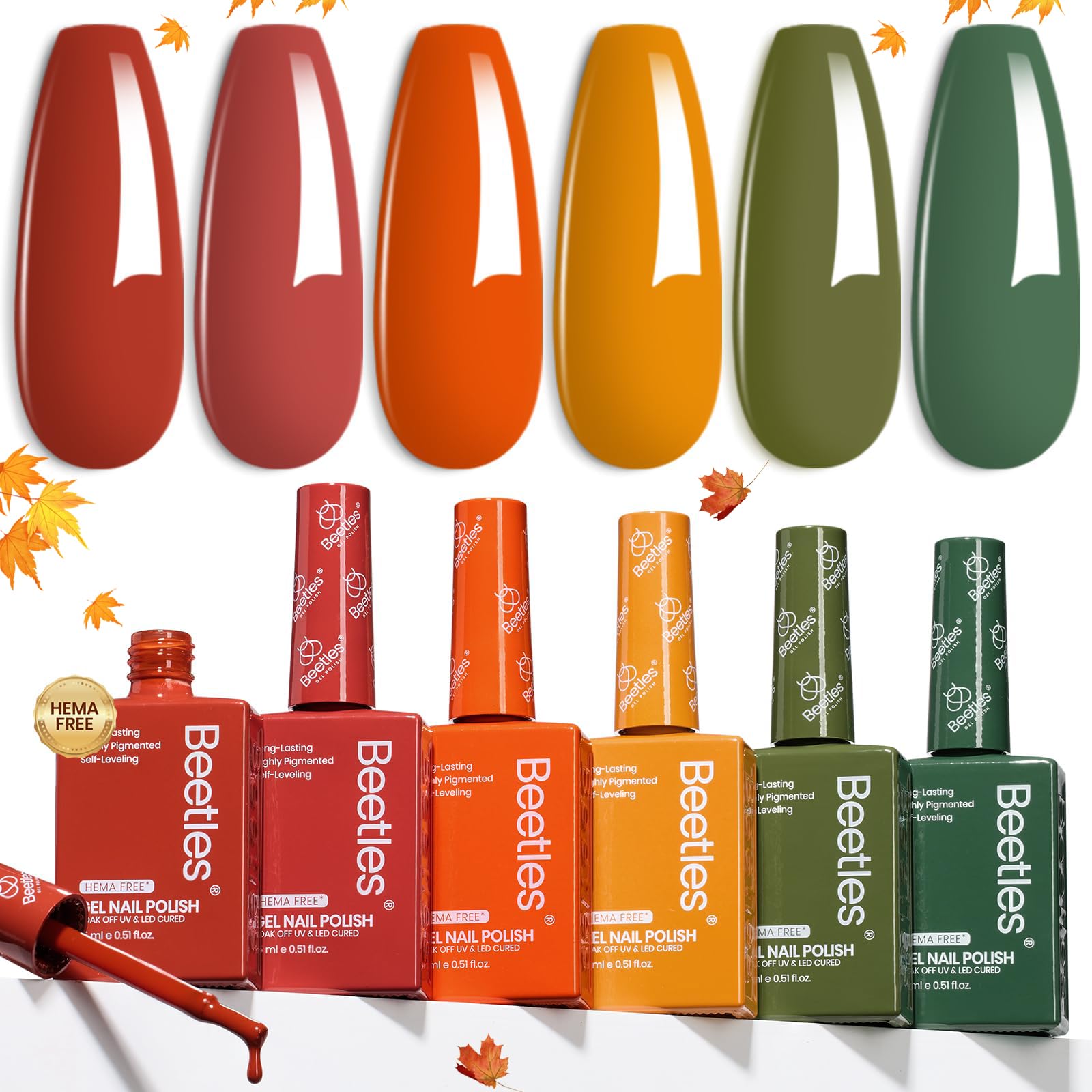 Beetles Fall Gel Polish Set – Golden Hour Hema Free Gel Nail Polish Kit, 6PCS Burgundy Orange Dark Red Green Color Matching Bottles Soak Off UV LED DIY Home Salon Gift for Women