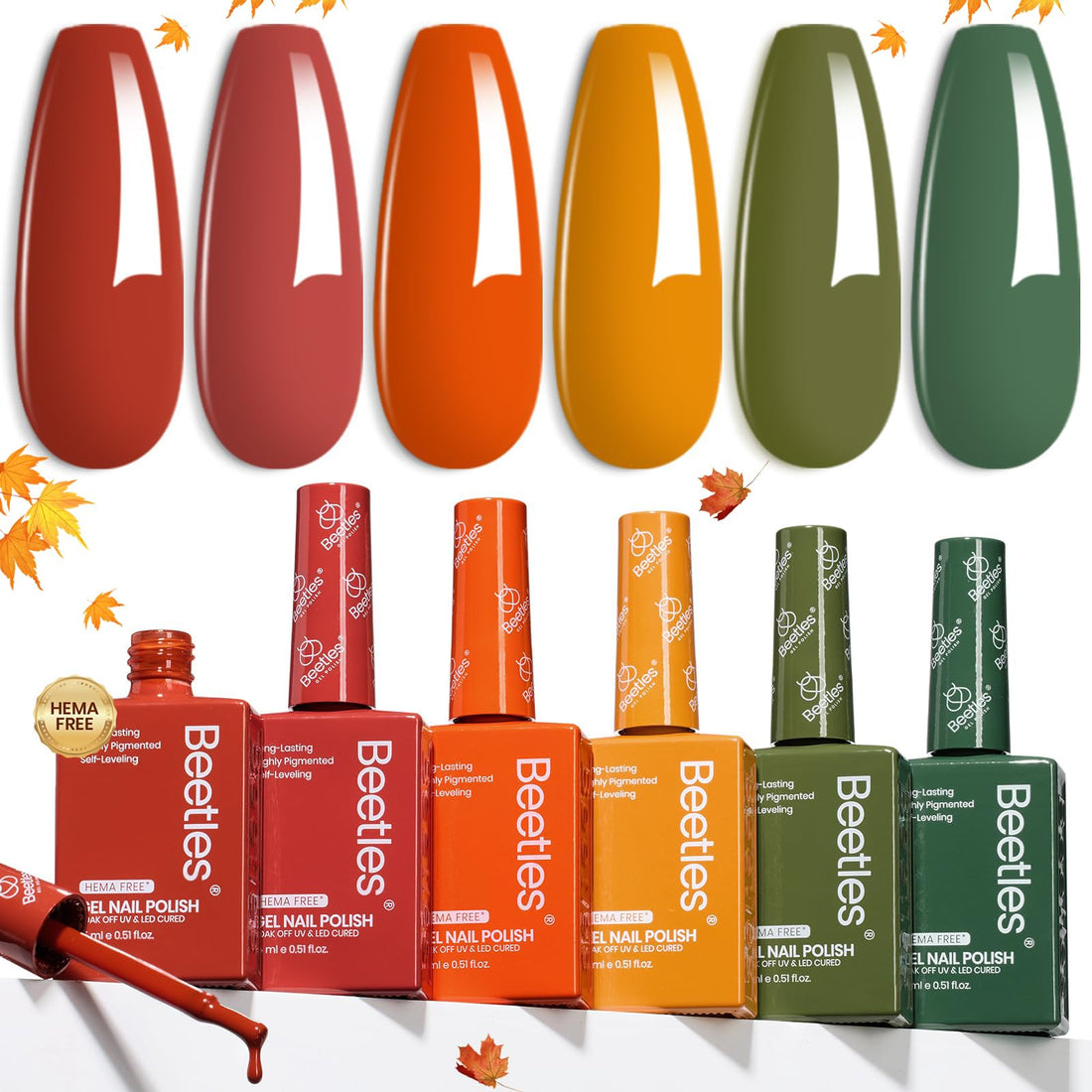 Beetles Fall Gel Polish Set – Golden Hour Hema Free Gel Nail Polish Kit, 6PCS Burgundy Orange Dark Red Green Color Matching Bottles Soak Off UV LED DIY Home Salon Gift for Women