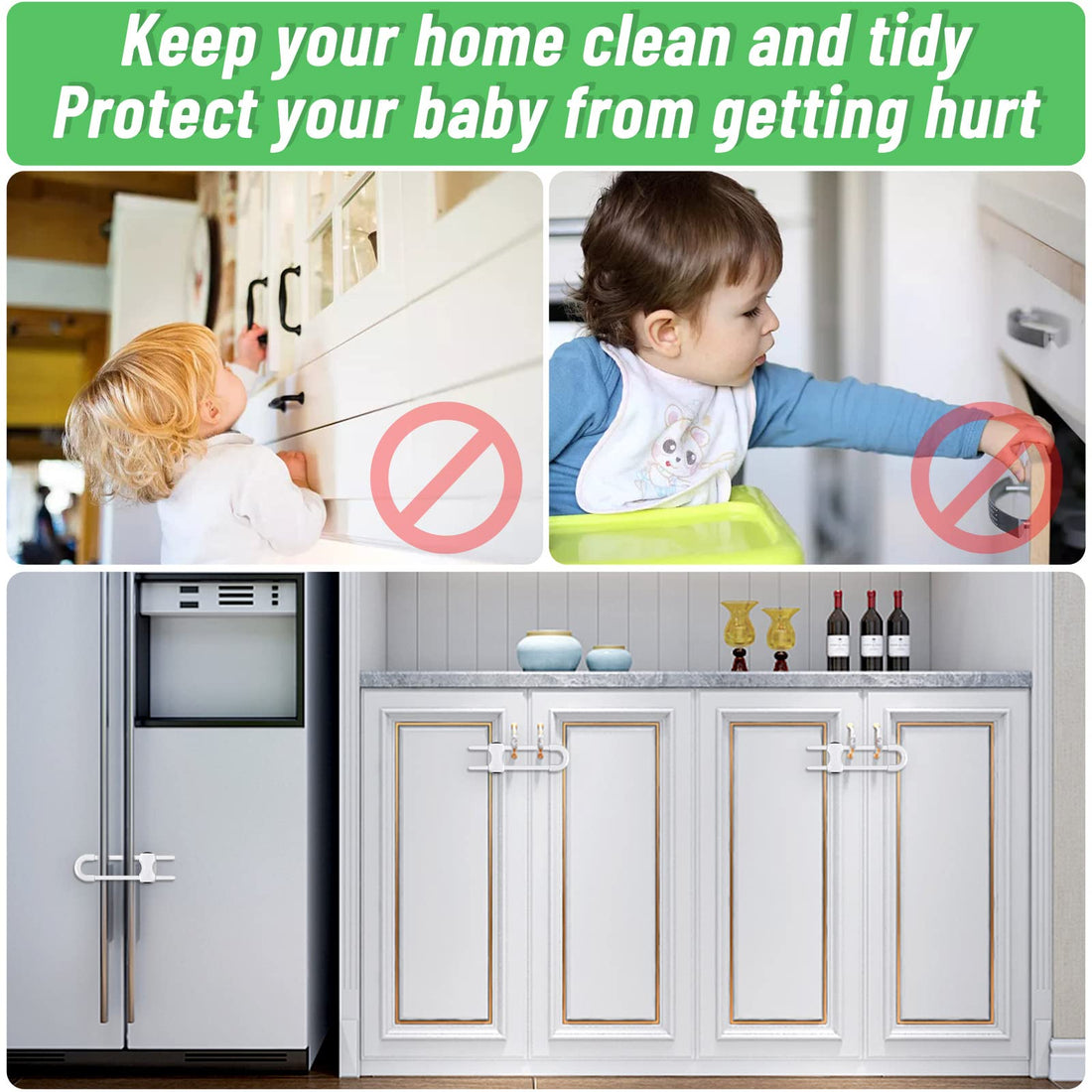 6 Packs Sliding Cabinet Locks, Modacraft Baby Proofing U-Shaped Child Safety Latches Adjustable White Locks for Handles Knobs Drawers Closet Cupboard