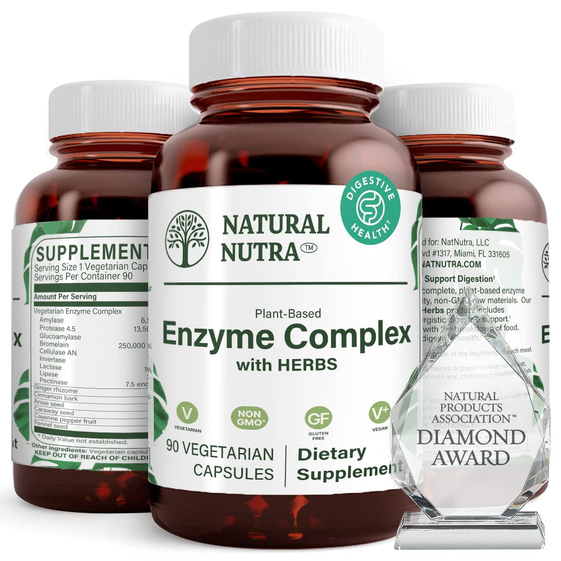 Natural Nutra Plant Based Digestive Enzyme Complex with Herbs, Better Digestion and Improve Nutritional Absorption, Provides Natural Gas Comfort, Helps Prevent Bloating, 90 Vegan Capsules