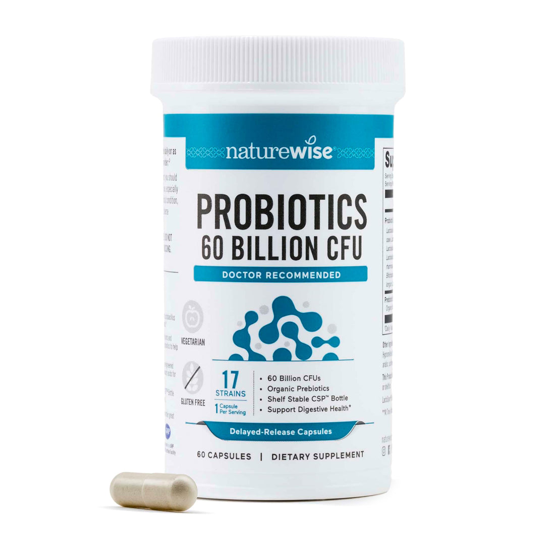 NatureWise Probiotics 60 Billion CFU - 17 Strains + Organic Prebiotics - Immune, Digestive & Gut Health Support for Women & Men - Vegetarian, Gluten-Free, Non-GMO - 60 Capsules[2-Month Supply]