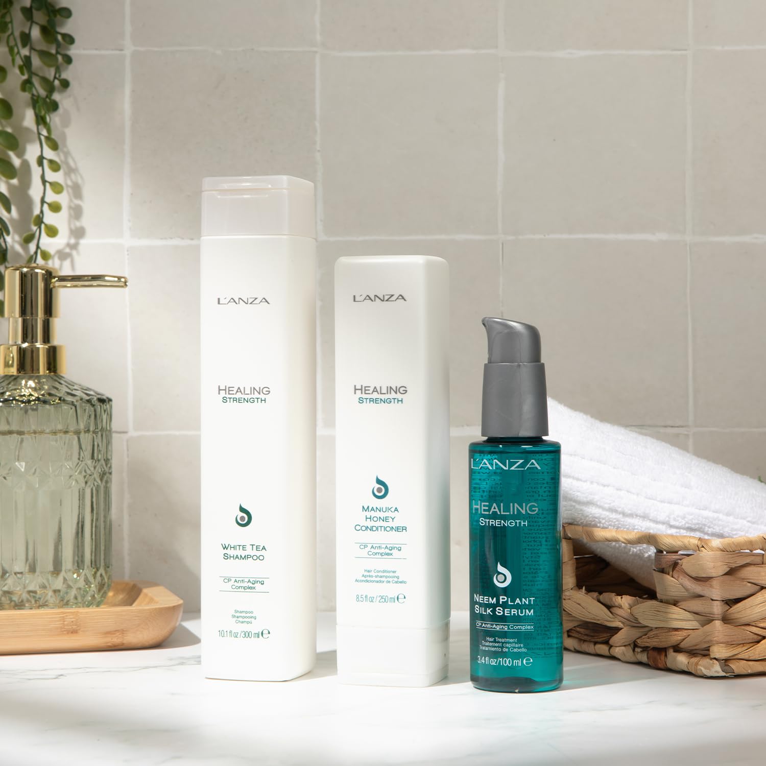 L'ANZA Healing Strength Trio Hair Kit, White Tea Shampoo, Manuka Honey Conditioner & Neem Plant Silk Hair Serum in a Gift Box, Luxury Hair Care Kit for Dry, Damaged Hair (10.1/8.5/3.4 Fl Oz)