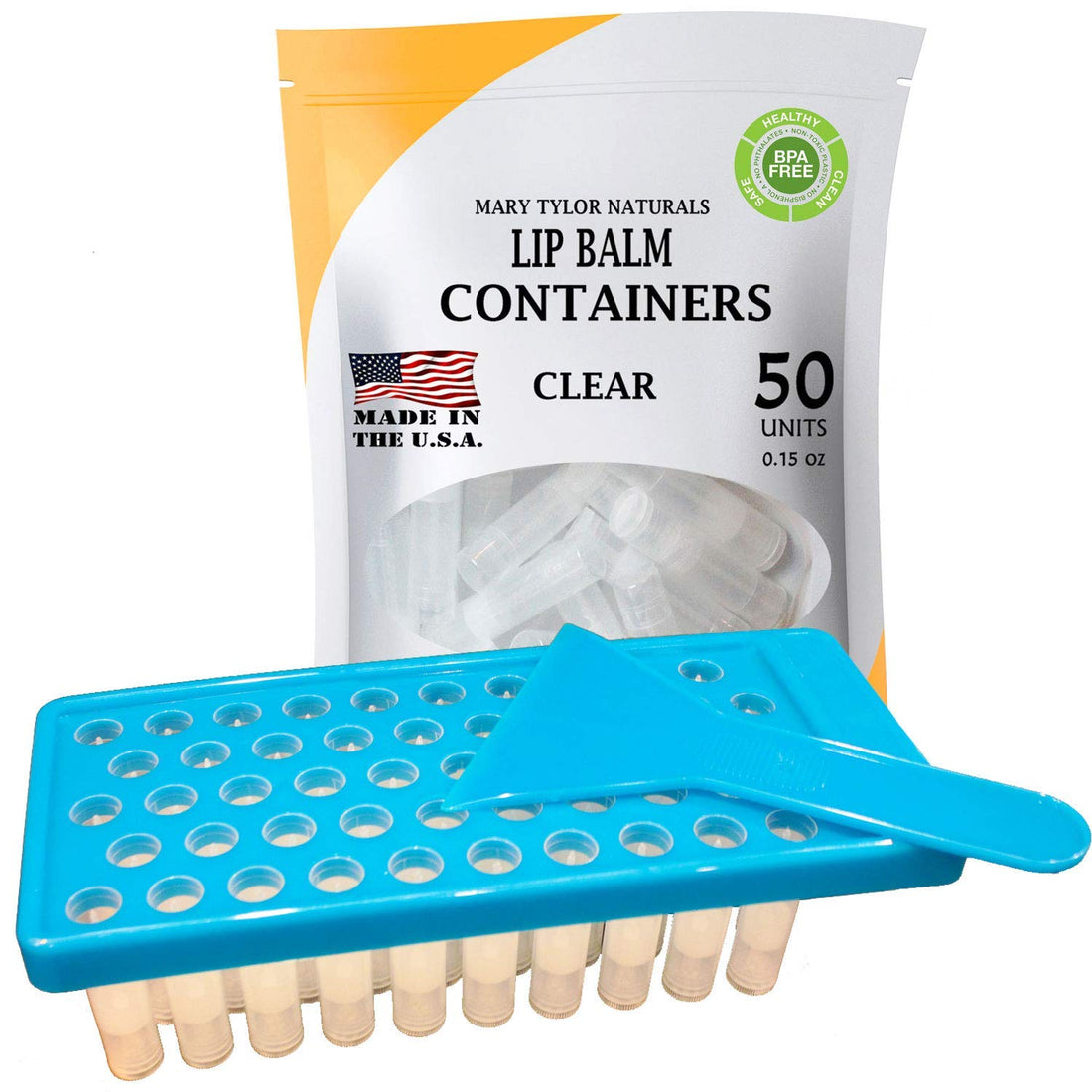 Lip Balm Kit, Made in the USA Fill Tray With Spatula and 50 Clear Lip Balm Containers (0.15 oz each) BPA Free by Mary Tylor Naturals