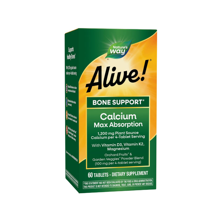 Nature's Way Alive! Calcium Max Absorption, Plant Source Calcium, Vitamin D3 & K2, Magnesium, Bone Support*, 60 Tablets (Packaging May Vary)