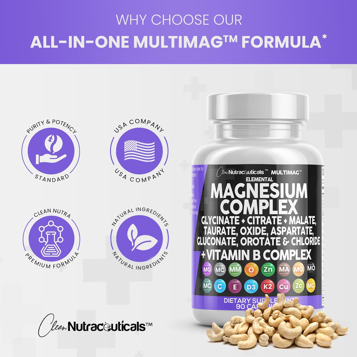 Clean Nutraceuticals Magnesium Complex with Magnesium Glycinate Citrate Malate Oxide Taurate Aspartate Orotate & Mag Chloride, Zinc Copper Manganese & Vitamin C B1 B2 B6 B12 Complex - 1Pack