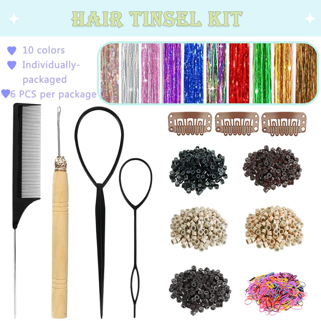 Hair Tinsel, Hair Tinsel Kit for Girls 1800 Strands Fairy Tinsel Hair Extensions Holographic Hair Tinsel Heat Resistant Colored Hair Glitter Christmas Party Festival (Red)