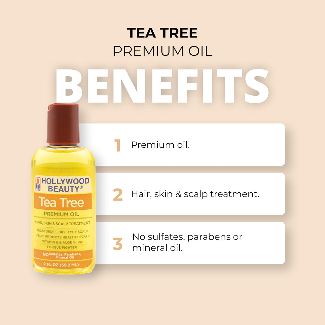 Hollywood Beauty Tea Tree Oil for Hair, Scalp, and Skin, 2 fl oz - Moisturizes Dry, Itchy Scalp, Fungus Fighter, Blended with Vitamin E & Aloe
